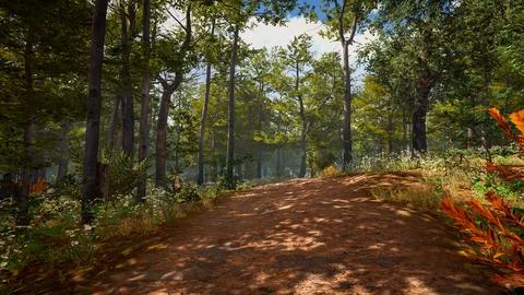 Computer designed natural landscape with forest environment 3D render Stock Illustration