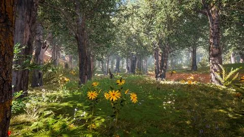 Computer designed natural landscape with forest environment 3D render 스톡 일러스트