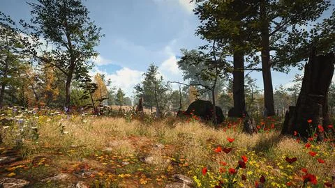 Computer designed natural landscape with forest environment 3D render Stock Illustration