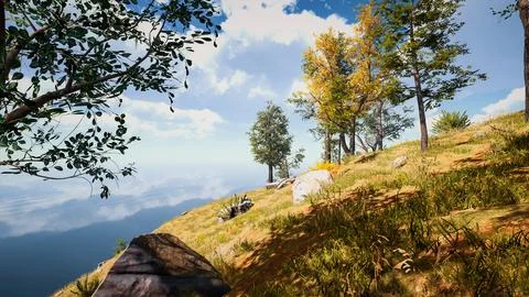 Computer designed natural landscape with forest environment 3D render Stock Illustration