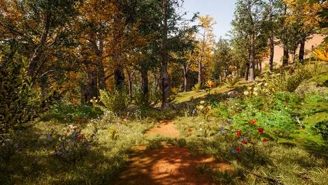 Computer designed natural landscape with forest environment 3D render Stock Illustration