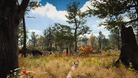Computer designed natural landscape with forest environment 3D render Stock Illustration