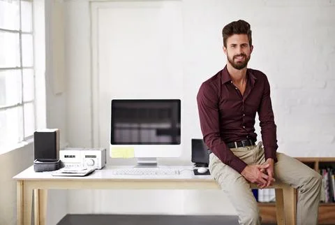 Computer, desk and portrait of programmer man in office for administration of 写真素材