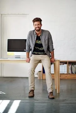 Computer, desk and portrait of web design man in office for administration of 스톡 사진