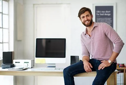 Computer, desk and portrait of web design man in office for administration of 写真素材
