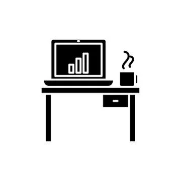 Computer desk black icon, vector sign on isolated background. Computer desk Ilustración de archivo