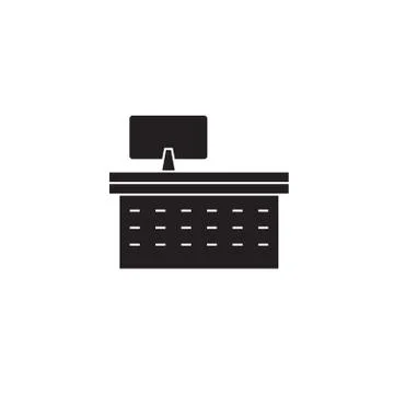 Computer desk black vector concept icon. Computer desk flat illustration, sign 스톡 일러스트