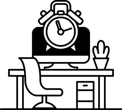 Computer desk with a clock on it and a plant in a pot Stockillustratie