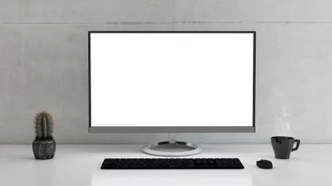 Computer on desk with coffee cup, cactus and concrete wall 3D rendering Stock Photos