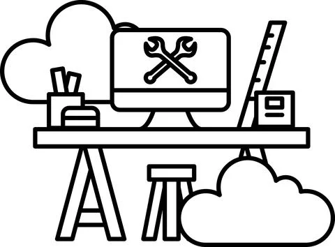 Computer desk with a computer monitor and a ruler Stock-Illustration