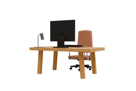 Computer desk with computer on table and computer chair on white background.. Stock Illustration