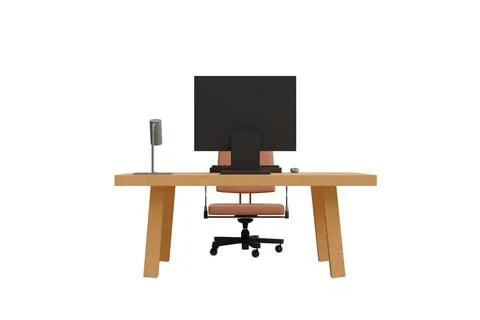 Computer desk with computer on table and computer chair on white background,3 Stock Illustration