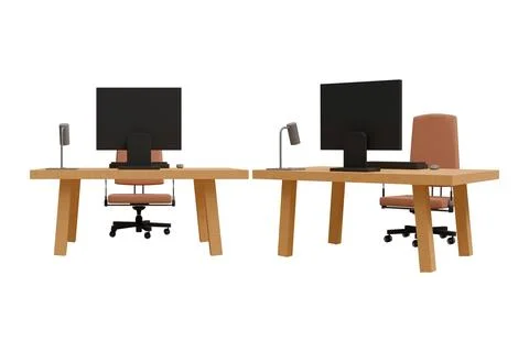 Computer desk with computer on table and computer chair on white background.. Stock Illustration