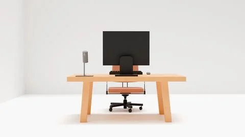 Computer desk with computer on table and computer chair in white room, 3d i.. Stock Illustration