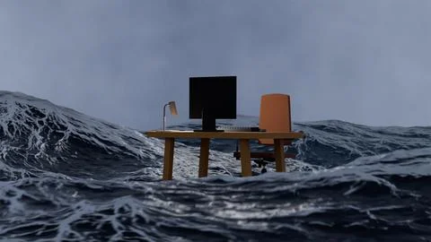 Computer desk with computer on table and computer chair stand in the middle.. Stock Photos