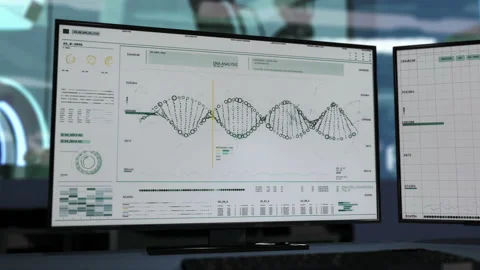 Computer on a desk. DNA analysis. DNA cell count. Data appearing on screen Video stock 150901807