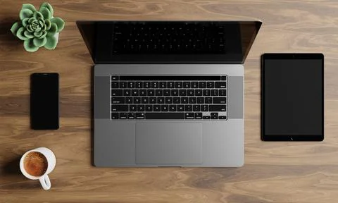 Computer Desk Flat Lay Desk top view screens mockup Illustrazione stock