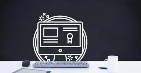 Computer Desk foreground with blackboard graphics of computer certificate for Stock Photos