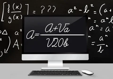 Computer Desk foreground with blackboard graphics of math equations Stock Photos
