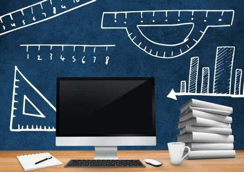 Computer Desk foreground with blackboard graphics of measurements and rulers Stock-Fotos