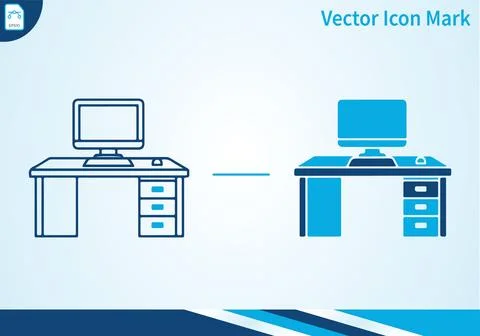 Computer desk icon in outline and glyph style vector design mark. Ilustración de archivo