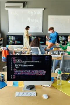 Computer on Desk in IT Class Stock Photos