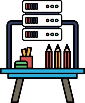 A computer desk with a laptop, a pencil holder, and a cup of pens Stock Illustration