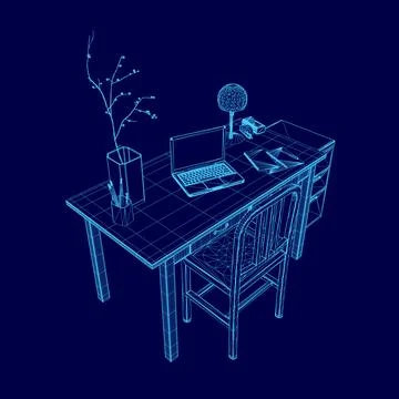 Computer desk with a laptop, a vase, and a chair. The vase is filled with 스톡 일러스트