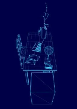 Computer desk with a laptop, a vase, and a book. The laptop is turned on and the Illustrazione stock