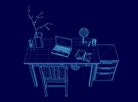 Computer desk with a laptop, a vase, a lamp, and a book. The vase is placed on Stock Illustration