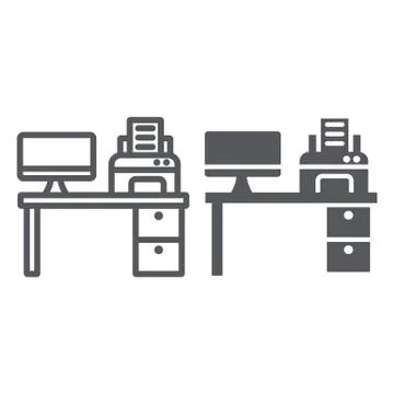 Computer desk line and glyph icon, office and table, workplace sign, vector 스톡 일러스트