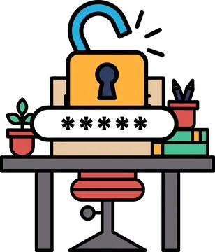 A computer desk with a locked box and a chair Stock Illustration