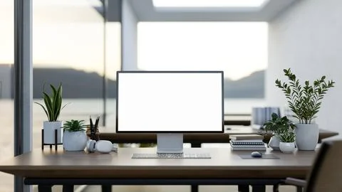 A computer desk in a modern office surrounded by large windows with a lake .. 스톡 사진