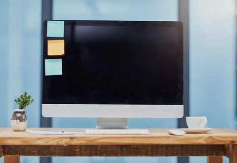 Computer, desk or workspace in office room with mockup space, sticky notes or Stock Photos