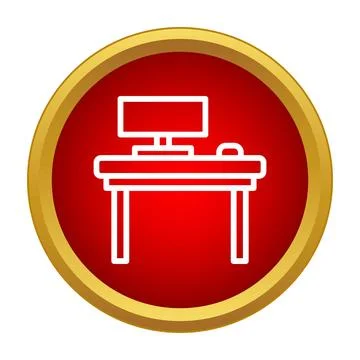 Computer on desk outline icon in red circle イラスト素材