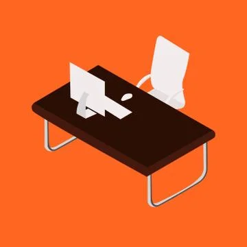 Computer desk picture on orange background, office workplace. Vector illustra Stock Illustration