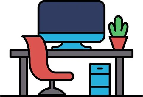 A computer desk with a red chair and a computer monitor 스톡 일러스트