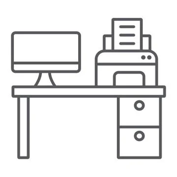 Computer desk thin line icon, office and table, workplace sign, vector graphics 스톡 일러스트