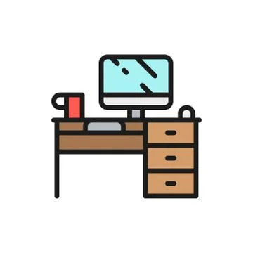 Computer desk, workplace flat color line icon. Ilustración de archivo