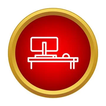 Computer desk workspace technology icon in red circle Stock Illustration