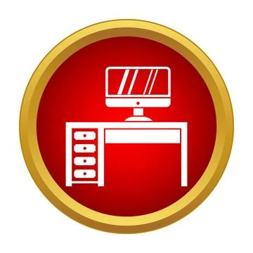 Computer desk workstation icon within red gold circle Stock-Illustration