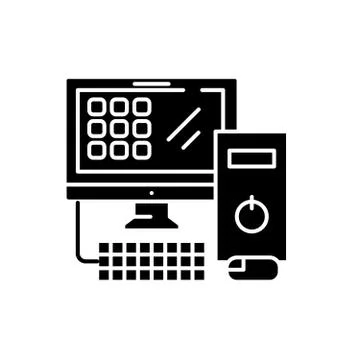 Computer desktop black icon, vector sign on isolated background. Computer Stock Illustration