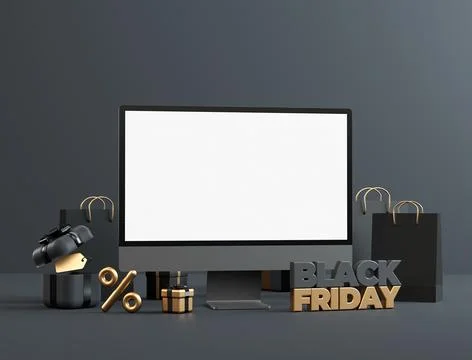 Computer desktop blank screen mockup for Black Friday offer flyer template wi Stock Illustration