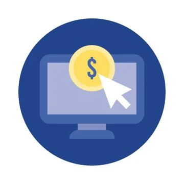 Computer desktop with coin and arrow block and flat style icon Illustrazione stock