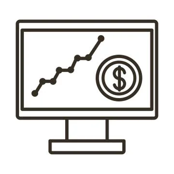 Computer desktop with coin and statistics line style icon Stock Illustration