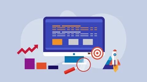 Computer Desktop With Data Analytics and Rocket Launch Startup cartoon anim.. Stock Footage 327343552