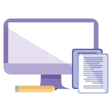 Computer desktop with documents and pencil 스톡 일러스트