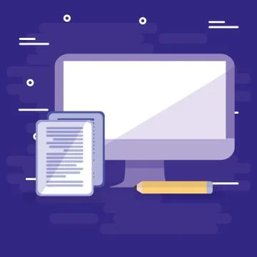 Computer desktop with documents and pencil Illustrazione stock