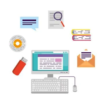 Computer desktop with elearning icons Illustrazione stock