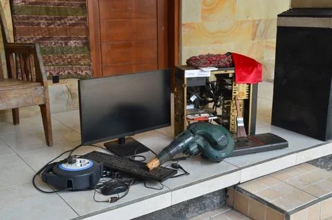 Computer Desktop Equipment Prepared for Thorough Dust Removal Cleaning Stock Photos